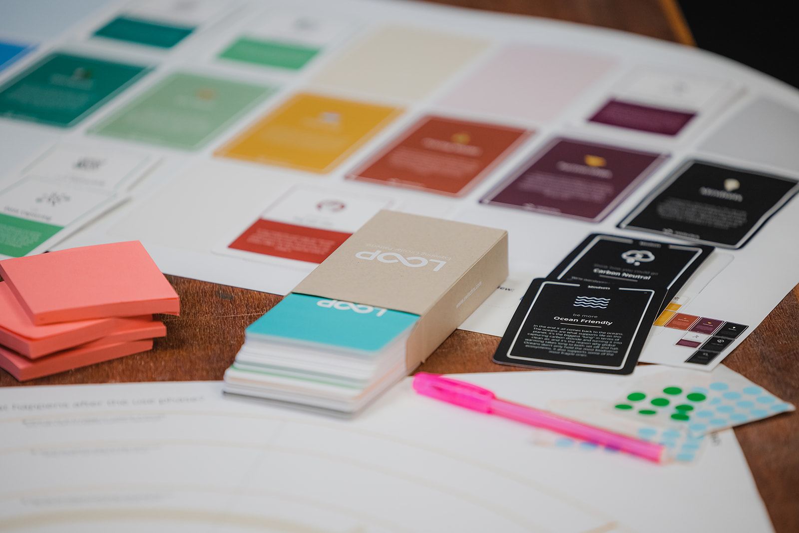 Workshop cards and materials laid out on a table